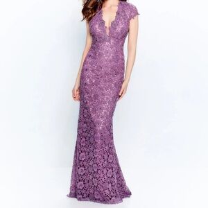 Romance Plum Beaded Lace Evening Gown with Train